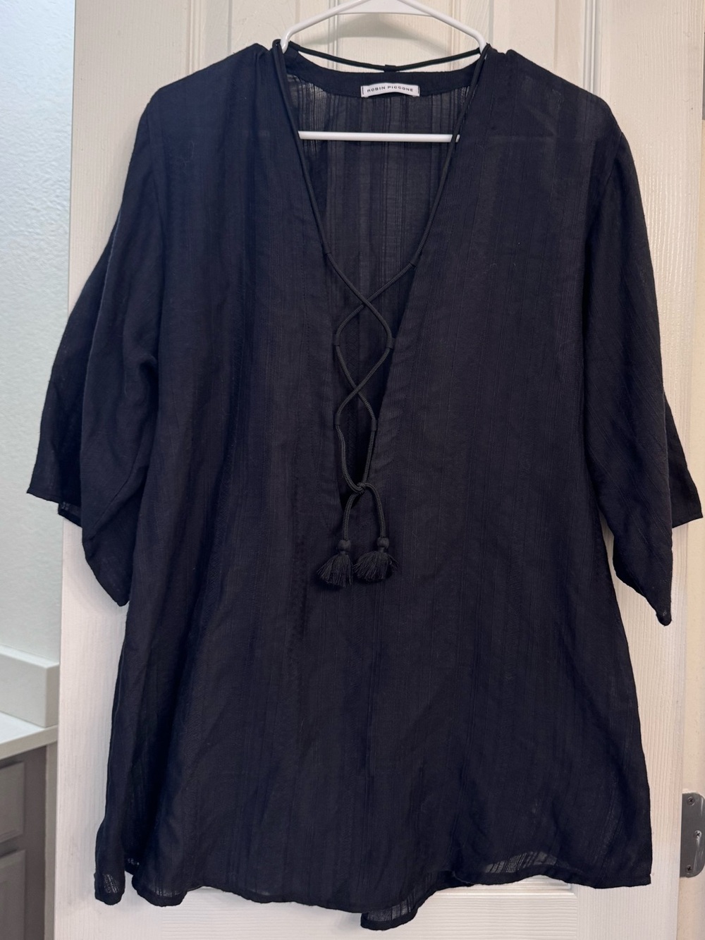 Robin Piccone Black V-Neck Tassel Tie Women's Swim Cover Up Size XS